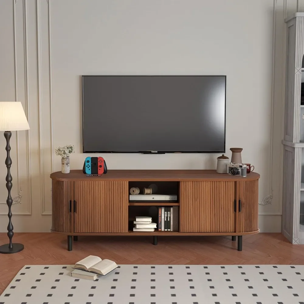 63" Fluted TV Stand for 65/70 Inch, Mid Century Modern Console With Sliding Doors, Curved Gaming Entertainment Center