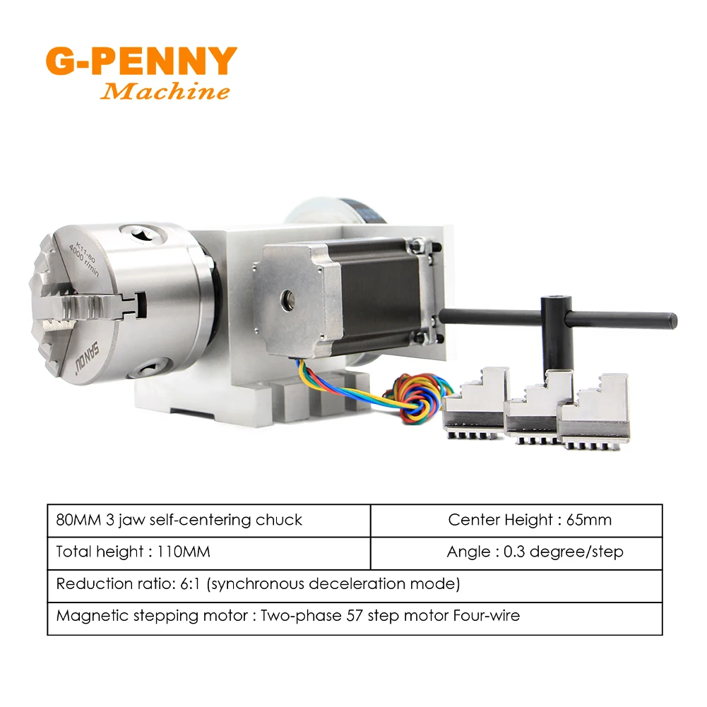 Imagem -04 - Stepper Motor para Mini Gravador Cnc ° Eixo 4jaw 80 mm Cabeça Divisória Cnc Eixo de Rotação um Eixo Nema23 57x76 mm