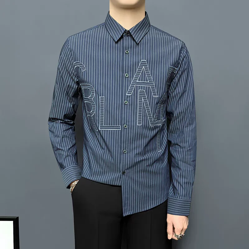 Korean Fashion Spring Autumn Shirts Men Clothing Lapel Striped Embroid Single Breasted Trend Smart Casual Long Sleeve Slim Tops