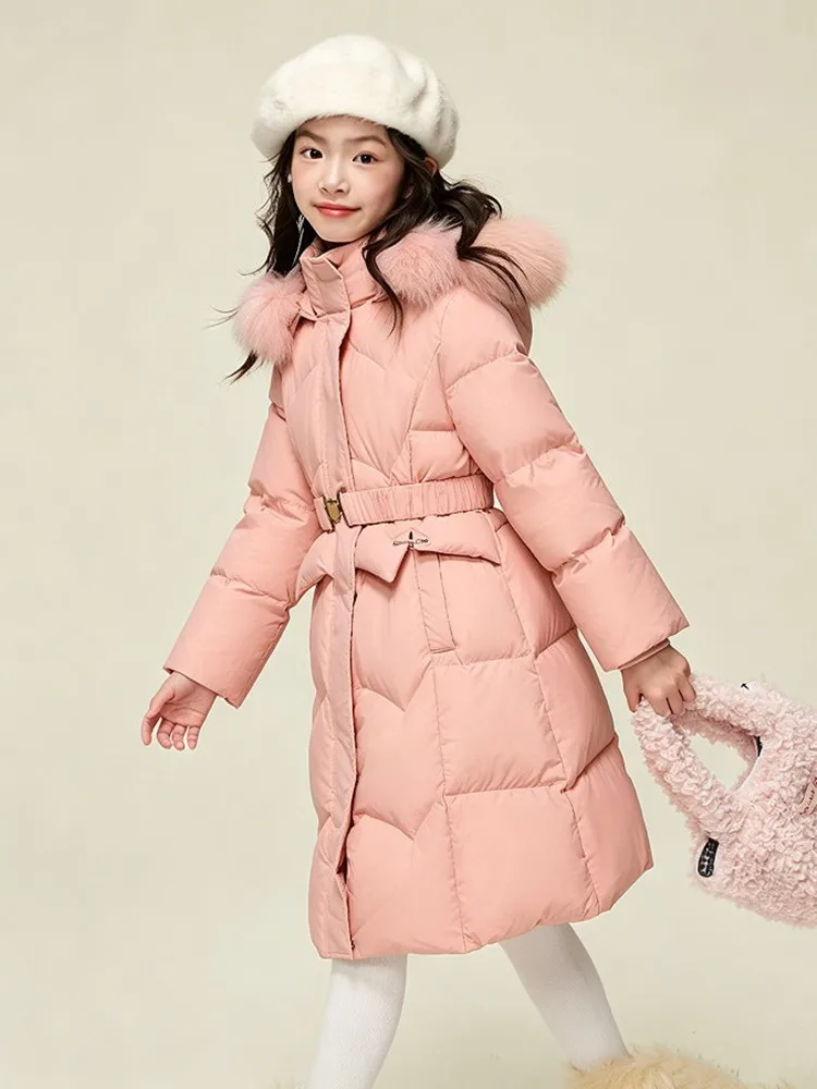 Langer Winter-Daunenmantel für Mädchen mit großer Kunstfellkapuze, Kinder-Taillengürtel, warme Pufferjacke für Mädchen, Schnee-Oberbekleidung A5107 – Detail 5