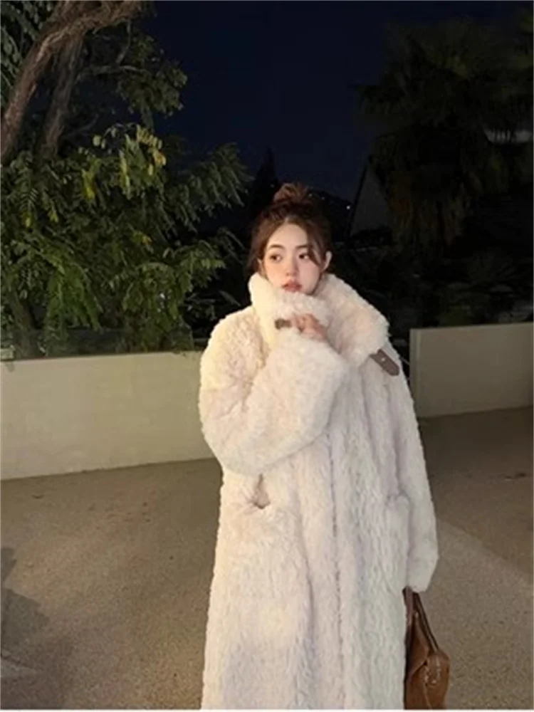 Temperament Add Plus Velvet  Padded Warm Lamb Fur Coat Ladies Stand Collar Loose Long Over The Knee Outerwear Women