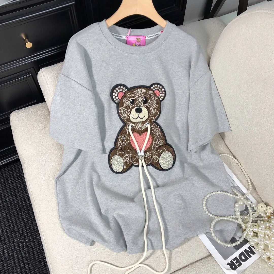 Winter Tide Brand Heavy Industry Bear Embroidery Patch Loose Round Neck Thickened Short Sleeve T-Shirt Women Oversized T Shirt