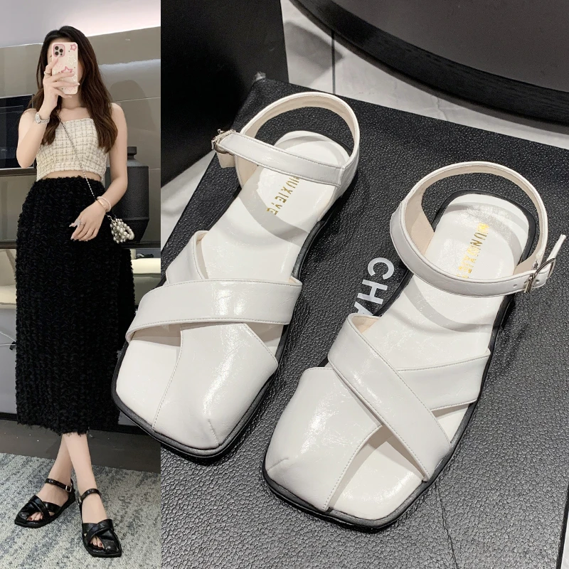 

Women Sandals Summer 2024 Square Toe Shoes Low-heel 3CM PU Fashion Buckle Latch Women's Flat Shoes Covered Toe One-line Buckle