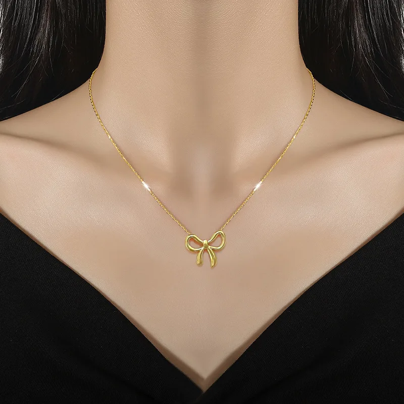 L316 Stainless Steel Beads Chain Hollow Bowknot Pendant Necklace for Women Niche Simple Jewery Accessory