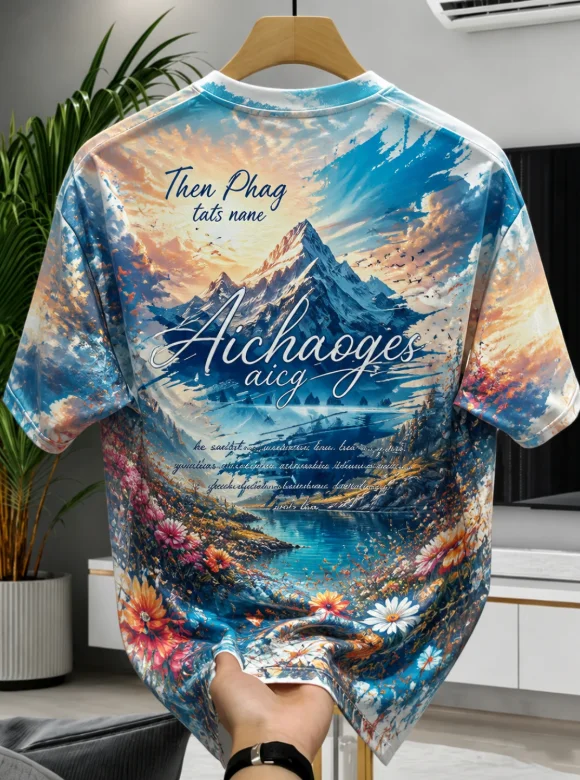 Retro Glacier Mountain Letter Men's T-Shirt Double-color Print Suitable for Both Men and Women Loose-Fitting Daily Short Sleeve