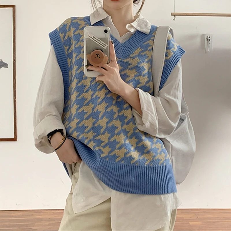 

Houndstooth Sweater Vest Women Loose-fit V-neck Sleeveless Knit Top Teen-girl Y2K Preppy Style Outfit