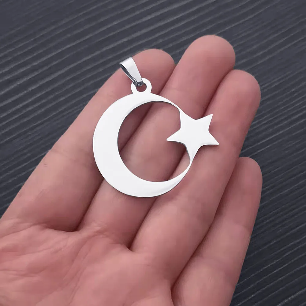 FIREBROS 2025 New Stainless Steel Crescent Moon Star Necklace Men Women Islamic Muslim Amulet Pendant Turkish Religious Jewelry