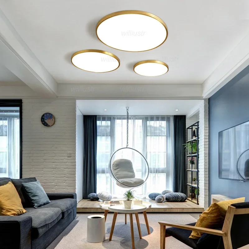

Modern Copper Ceiling Lamp Acrylic LED Gold Black Light Hotel Living Bedroom Bar Cafe Balcony Store Luxury Thin Metal Lighting