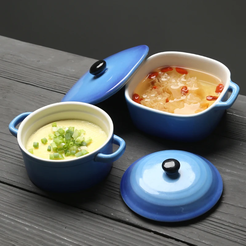 1pcs Mini Ceramic Double Handled Bowl Small Oven-Specialized Bowl10cm/4 Inch Custard Soup Bowl Microwavable TablewareKitchenware