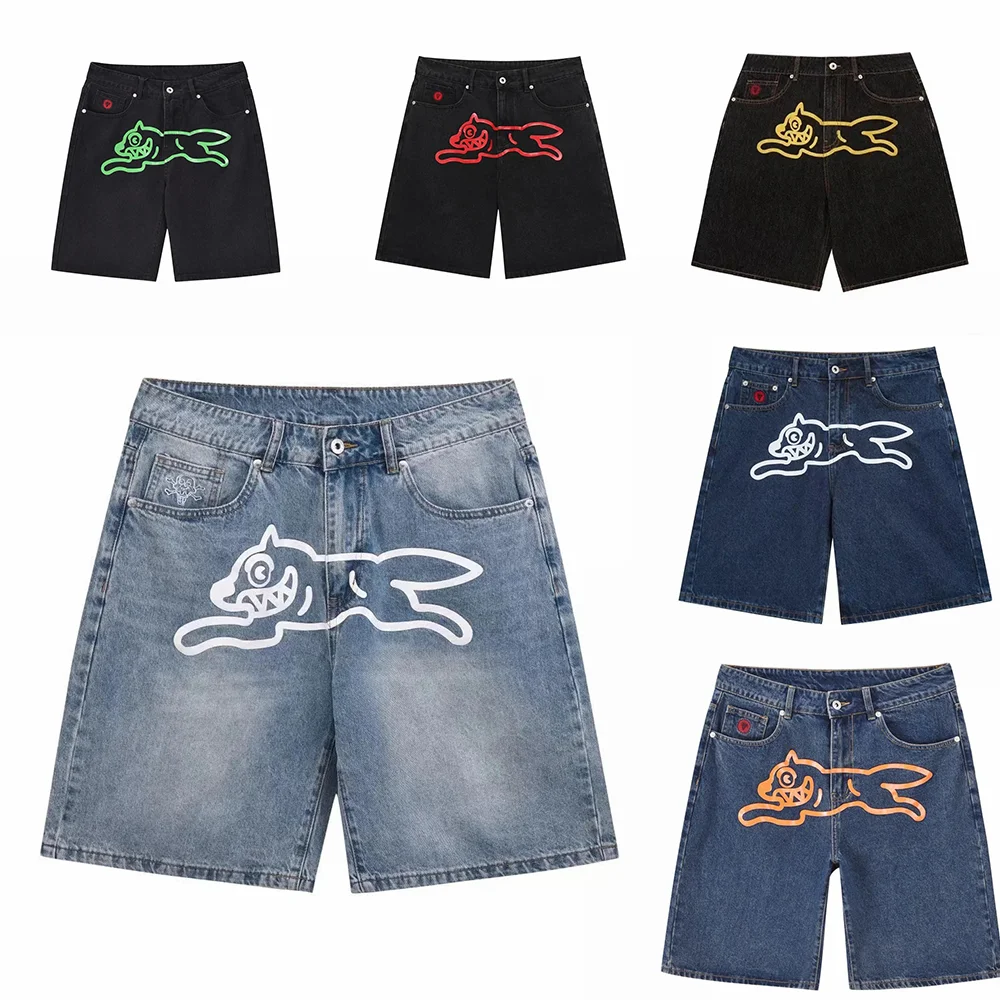 Shorts Y2K Jeans Harajuku Hip Hop Flying Dog Graphic Print Retro Blue Baggy Denim Gym Shorts Mens Womens High Waist Casual Short