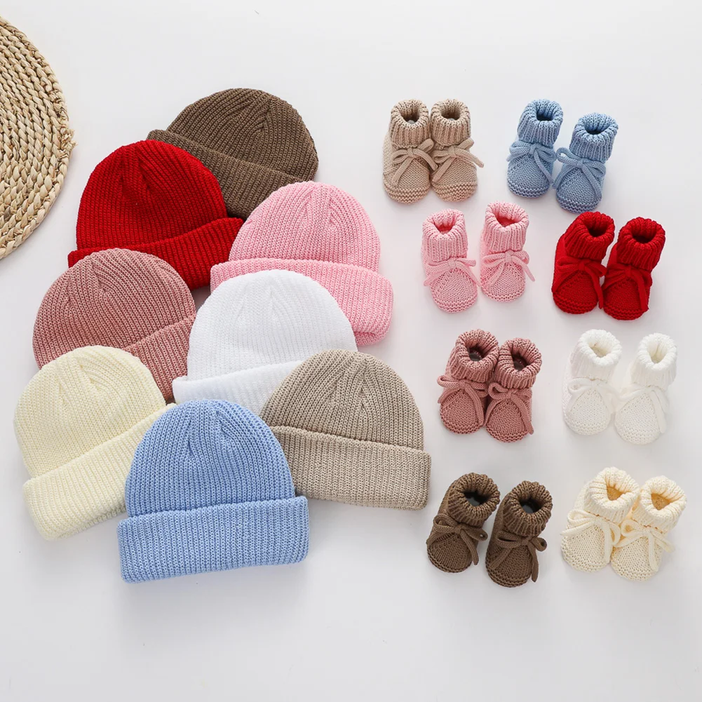 2 unids/set Ins sólido tejido bebé turbante sombreros gorros y lazos de Boutique hechos a mano calcetines cortos medias Ins tobillo calcetín calzado