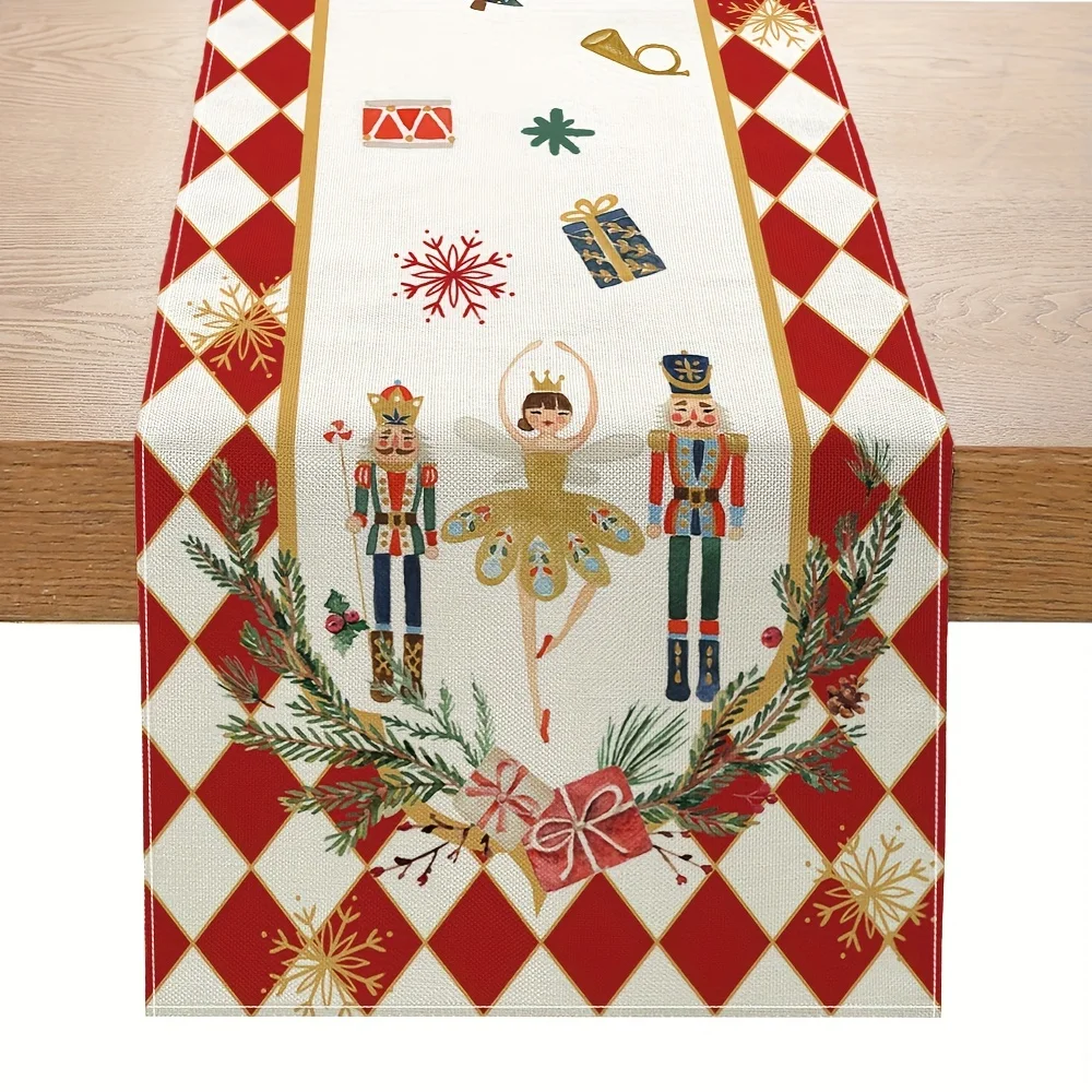 1pc Christmas Nutcracker Linen Tablecloth for Winter Holiday Dining Decor, Reusable Kitchen Table Cover with Festive Soldier