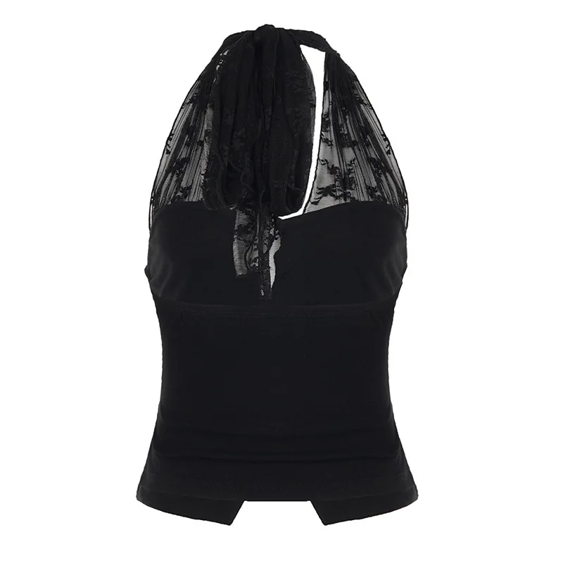 Sexy mesh splicing waist cinching buckle V-neck hanging neck sling women's fashionable slim fit backless top