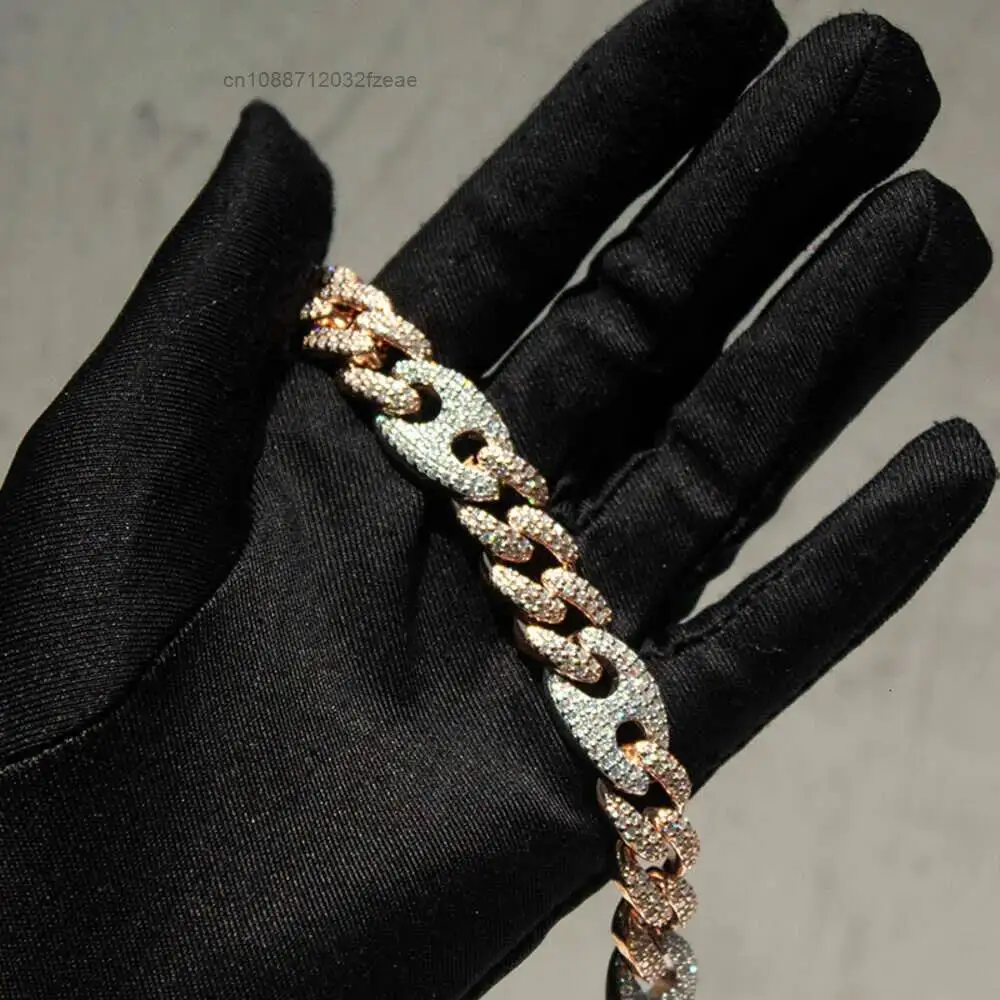 

Luxury 15mm Rose Gold 2 Tone Pig Nose Fine Jewelry S925 Silver Cuban Link Chain Bracelet Vvs1 Moissanite Necklace Iced Out Brace