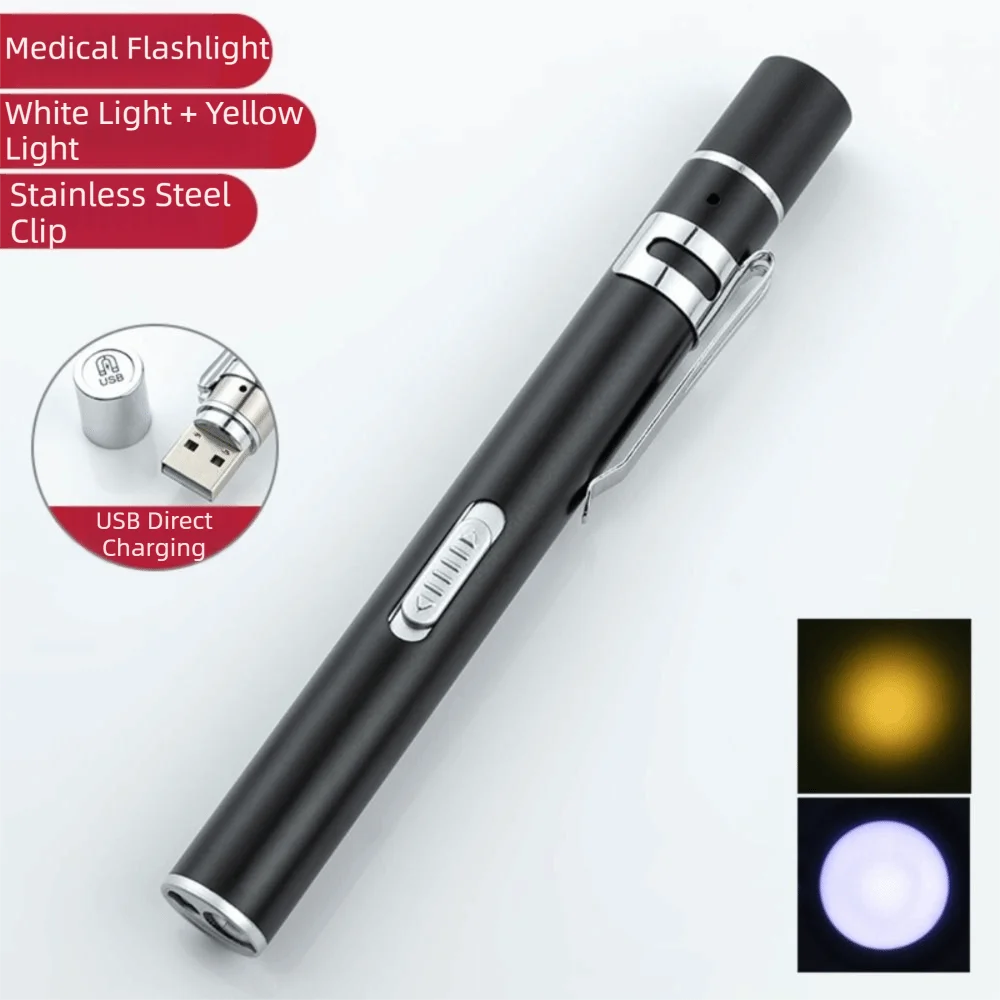 USB Recharging Nurse Flashlight Yellow/White Lights Portable Dual Light Pen Light Non-slip Easy Operation LED Mini Torch