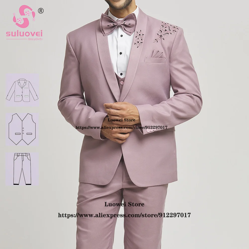 

High Quality Elasticity Appliques Suits For Men Slim Fit Breathable 3 PCS Jacket Vest Pants Set Formal Groom Wedding Prom Tuxedo