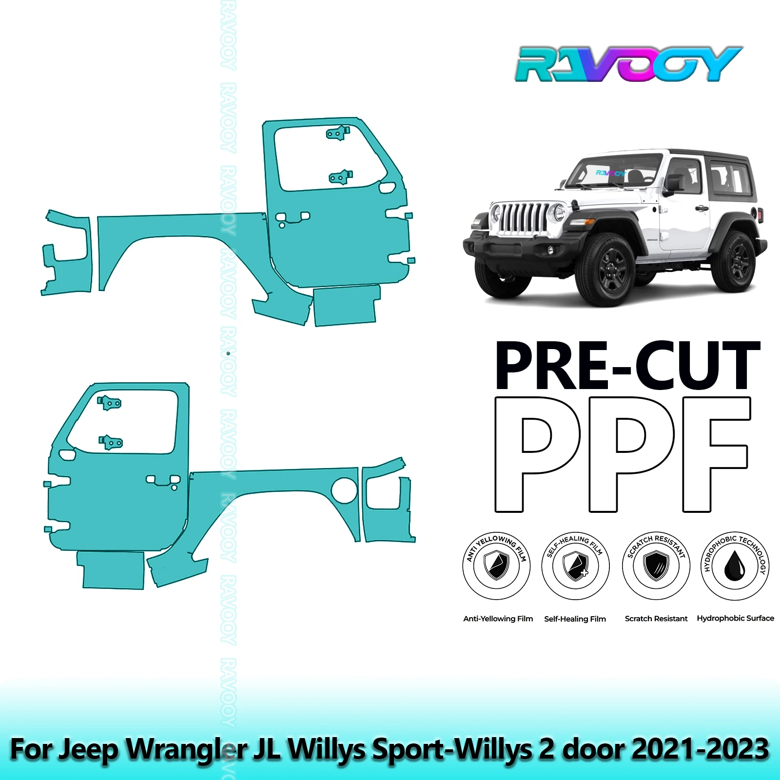 

For Jeep Wrangler JL Willys Sport-Willys 2 door 2021-2023 8.5mil Pre-Cut PPF Door & A/B Pillar Kit TPU Paint Protection Film Set