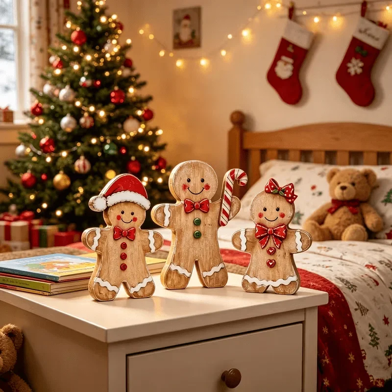 3pcs Rustic Farmhouse Artificial Wood & Multi-Tiered Table Centerpiece with Gingerbread, Santa Hat, Candy Cane & Bow Ornaments
