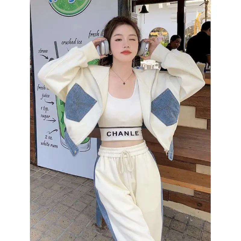 Korean Fashion Denim Patchwork Women\'s Tracksuit Y2k Zip Up Hoodies and Wide Leg Pants Suit Women Vintage Matching Sets Female