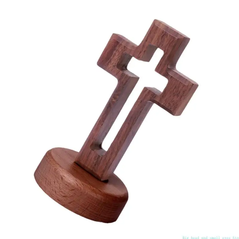 581C Natural Walnut Crucifix Figurine Church Pulpit Display Wooden Hollow Standing Crosses with Removable Stand Gift