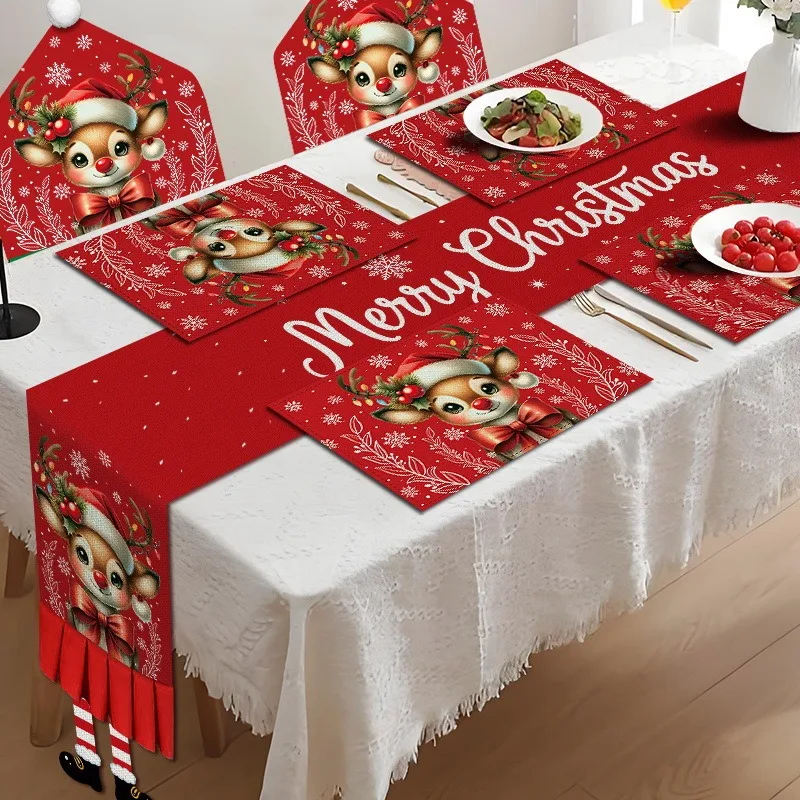 New Christmas Linen Table Runner Set with Placemats and Chair Covers for Christmas Decoration and Atmosphere Setup