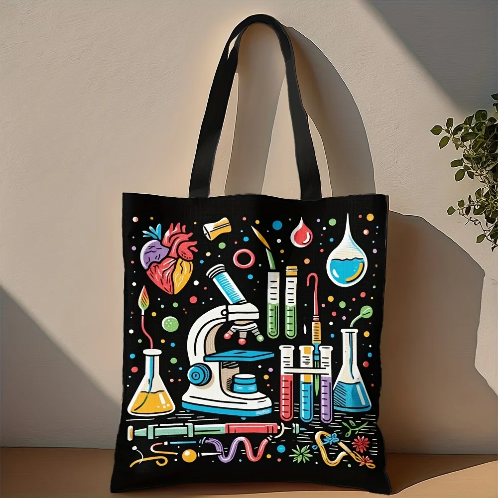 

1pc Chic Science-Themed Polyester Tote Bag for Women - Vibrant Design with Microscopes & Beakers