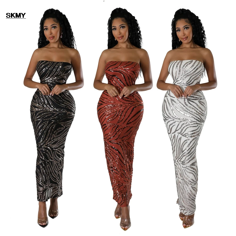 

SKMY Fashionable Strapless, Shoulder Less, Backless Long Skirt With Sexy Sequins, Party Slit, Long, Hip Hugging Dress