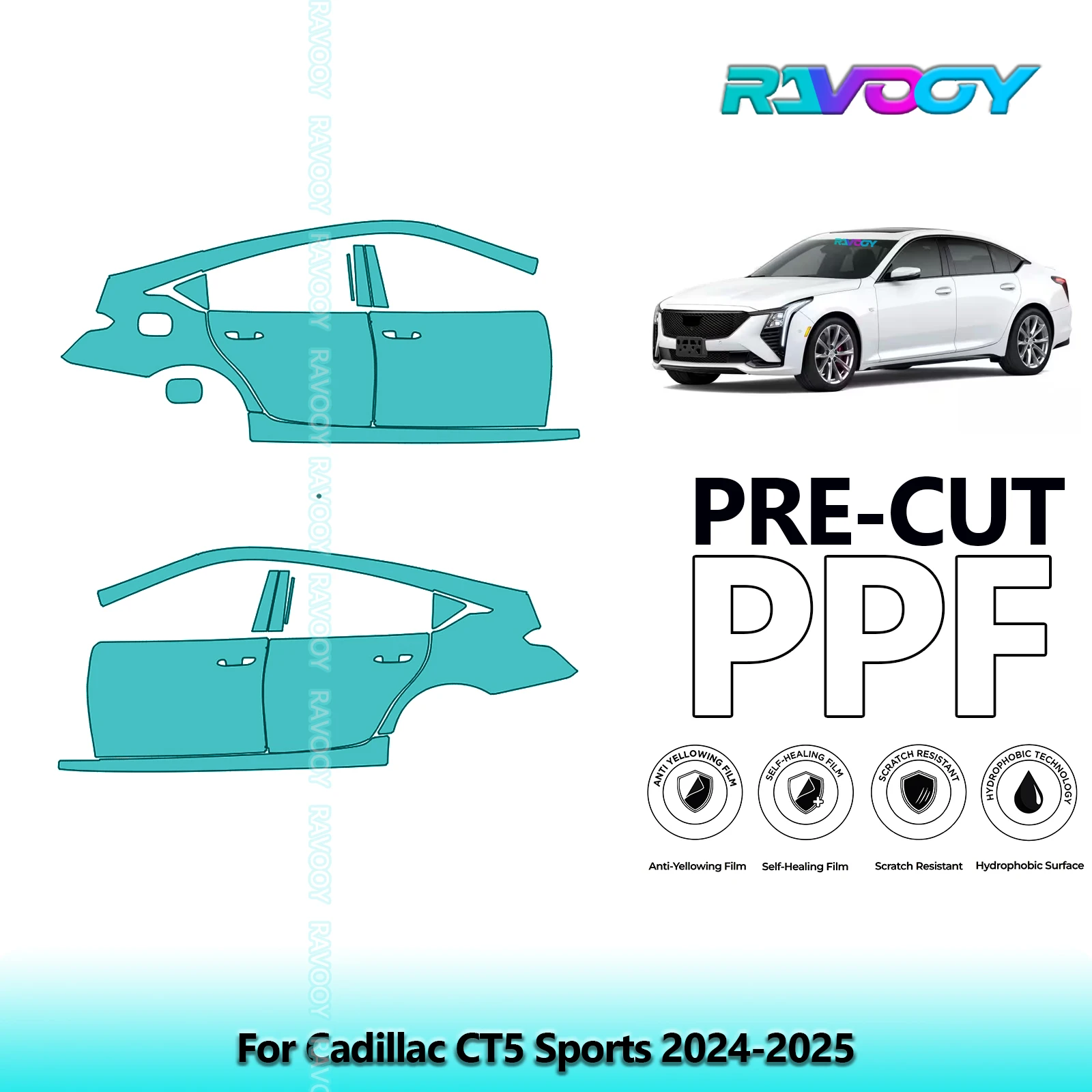 

For Cadillac CT5 Sports 2024-2025 8.5mil Clear Matte Pre-Cut PPF Door & A/B Pillar Kit TPU Paint Protection Film Set