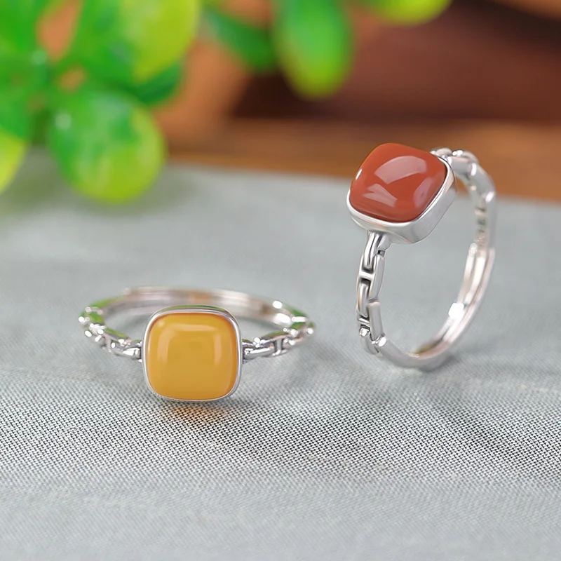 S925 Sterling Amber Red Square Chain Pattern Fashion Versatile Silver Ring