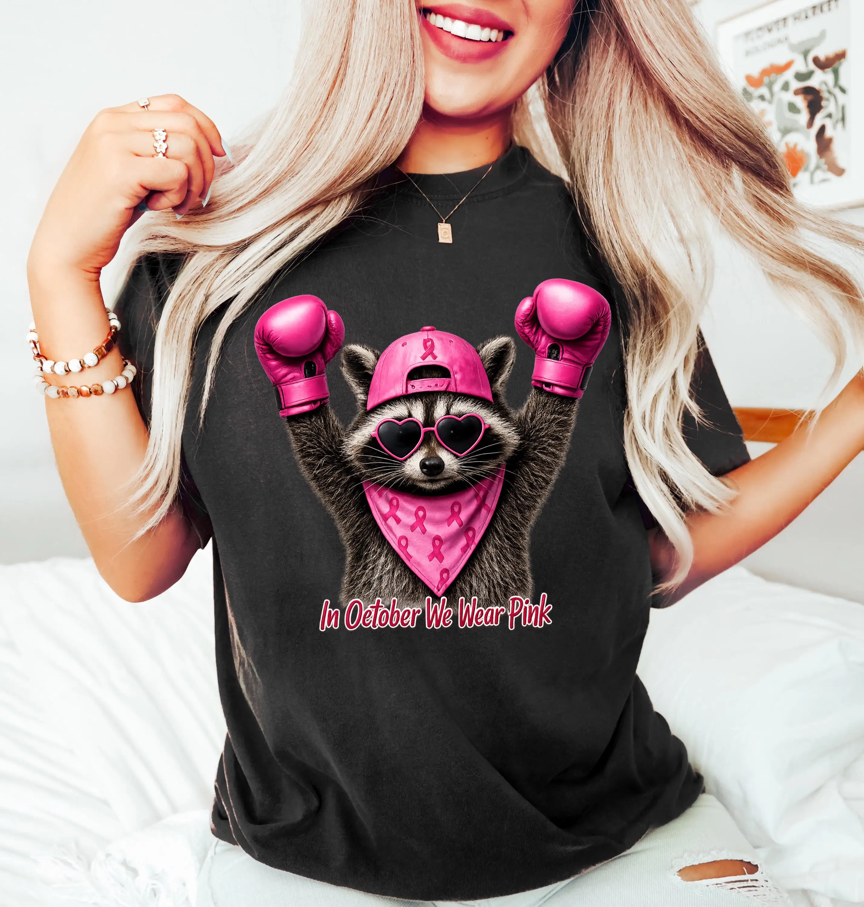 Breast Cancer Awareness Shirt, October Pink Ribbon T-shirt, Cute Raccoon Cancer Survivor Support Shirt, Retro Bubblegum Tee