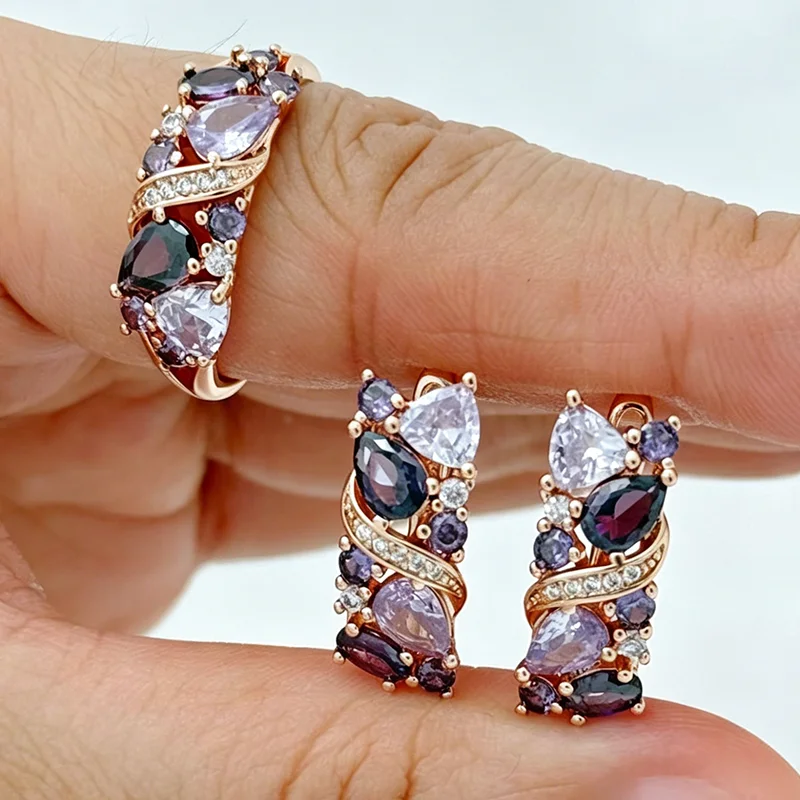 Kinel Fashion 585 Roségoldfarbene Ring-Ohrringe für Damen, glänzendes Lila, natürlicher Zirkon, Accessoires, hochwertiger Alltagsschmuck