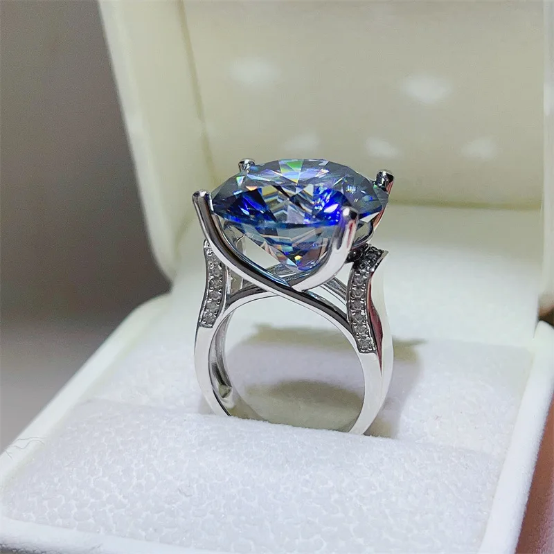 

Огромное кольцо-пасьянс с синим муассанитом и бриллиантом 20 карат, стерлинговое серебро 925 пробы, вечерние обручальные кольца для женщин и мужчин, обручальные украшения
