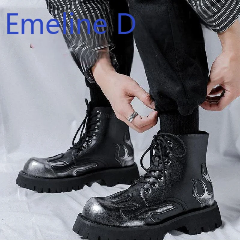 

Flame Patterned Boots FashionableTrendy Men's Black Front Lace Up Design Thick Sole Comfortable High Top Short Boots