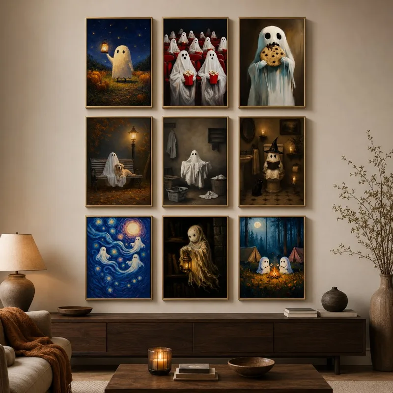 Halloween Cute Ghost Canvas Prints Vintage Spooky Pumpkin Wall Art Dark Academia Fun Scene Unframed Posters Bedroom Decor