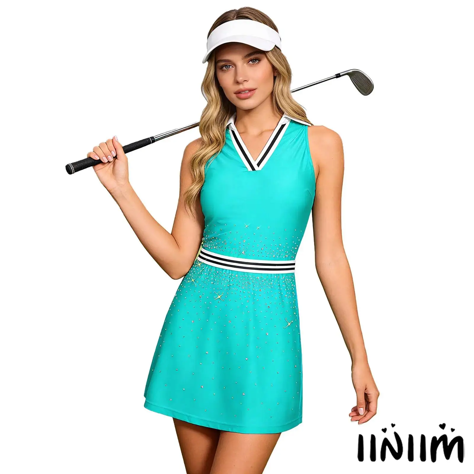

Womens Professional Sports Dress Tennis Golf Dress Striped Elastic Waist Turn-Down Collar V-Neck Dress for Active Lifestyles