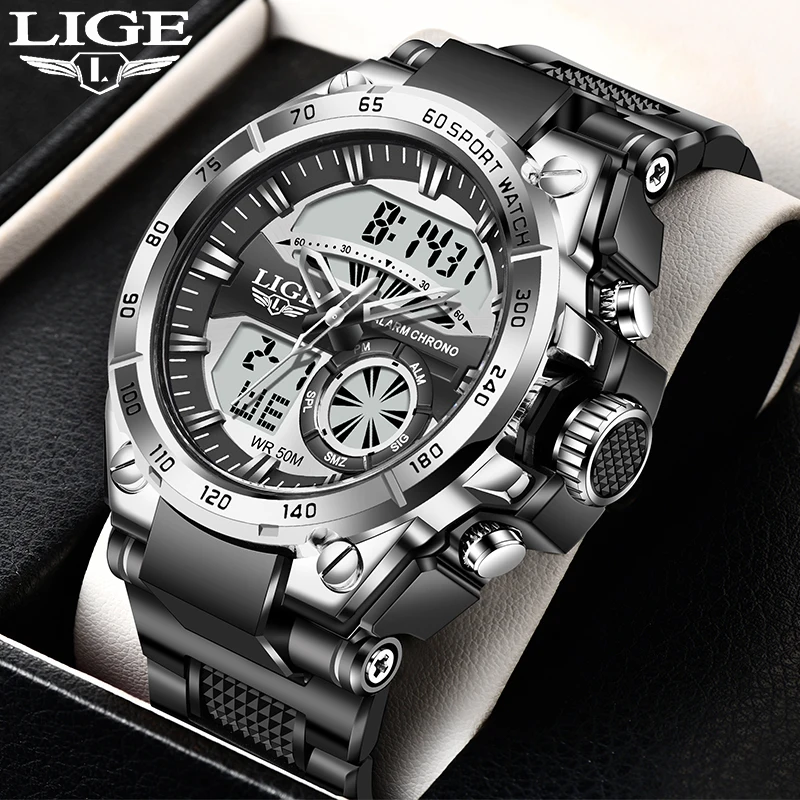 LIGE Luxury Man Watch Fashion Digital Dual Display Sport Men Quartz Watches Luminous Waterproof Military Watch For Men Relojes