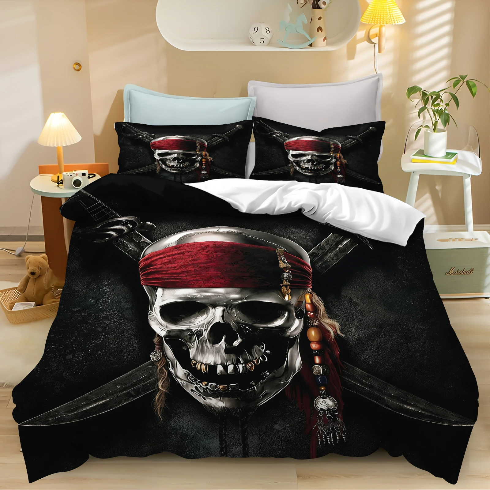 Pirates of the Caribbean Bedding Set,Jack Sparrow Duvet Cover Movie Character Bed Set Soft Microfiber Cover for Kids Teens Home