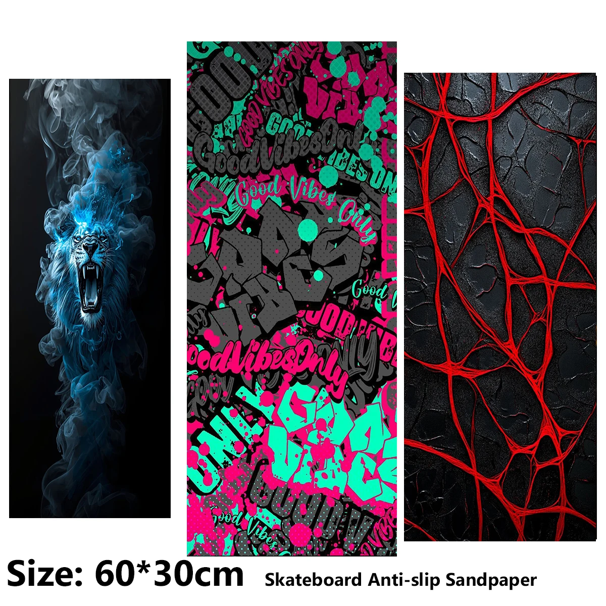 ElecStric Scooter Anti-slip Sticker Sandpaper Skateboard Grip Tape Sheet 60*30cm Ferocious Tiger Text Graffiti Pattern