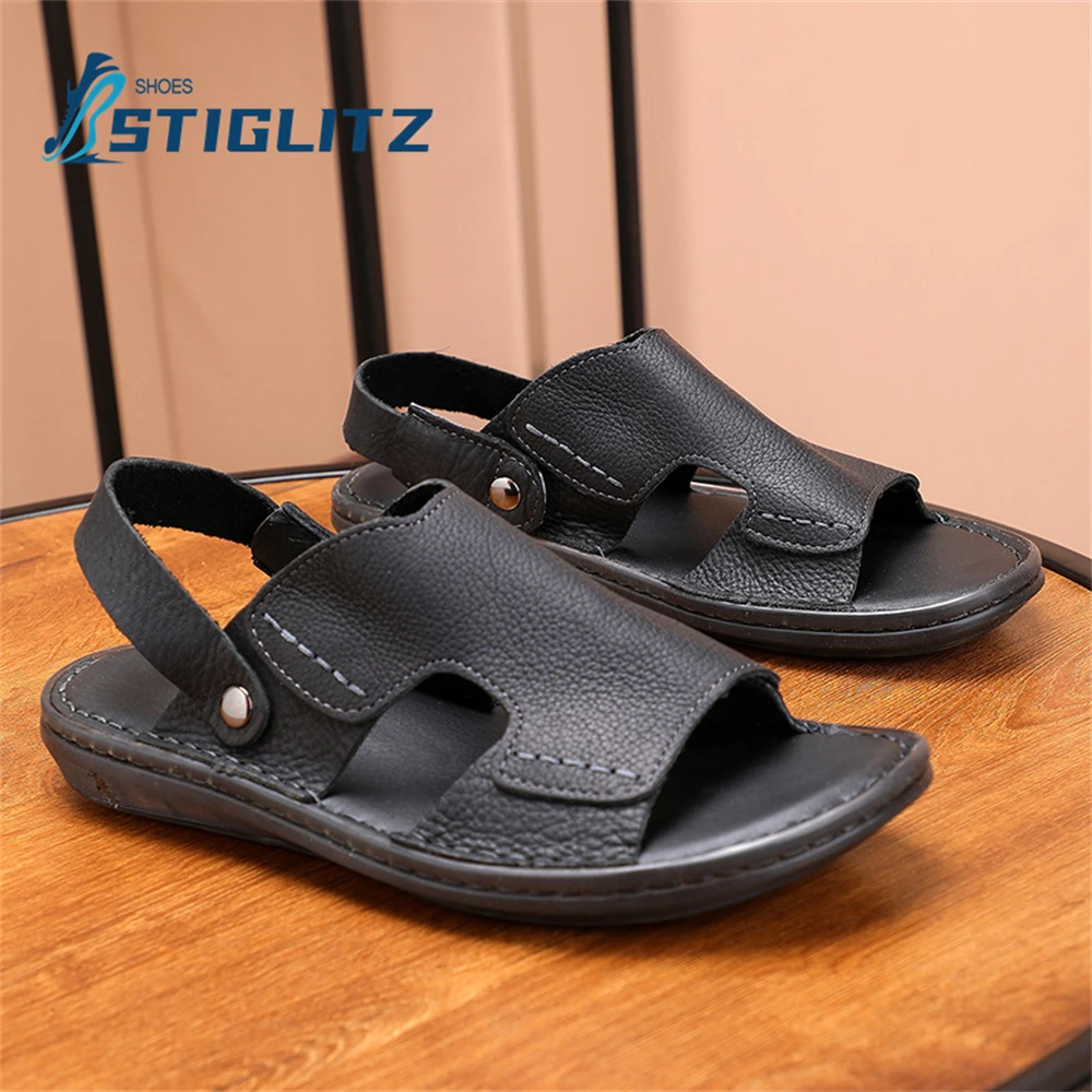 Oxford Soft Sole Casual Men's Slippers Back Strap Two Ways To Wear Sandals Genuine Leather Non-Slip Beach Sandals Men's Shoes