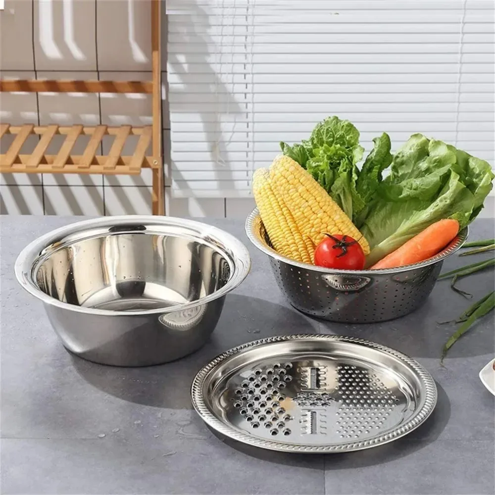 Stainless Steel Vegetable Slicer Grater 3 in 1 Multifunctional Rice Washing Drain Basket Sink Vegetable Cutter Colander Kitchen