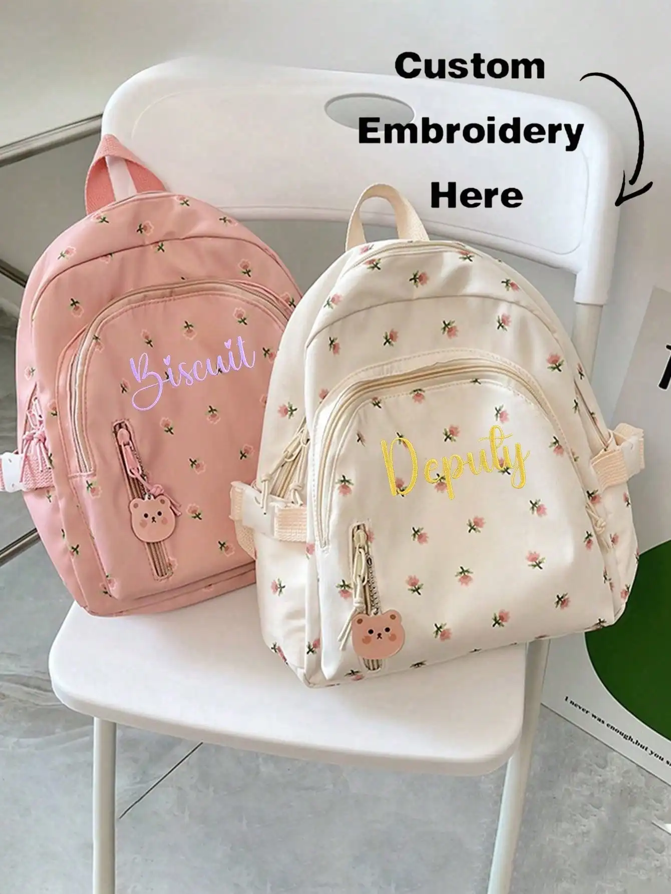 Ransel Mini Bermotif Bunga Lucu untuk Anak Perempuan Tas Sekolah Bordir Nama Kustom Ransel Kecil Tas Buku Pelajar Remaja Tas Travel Daypack