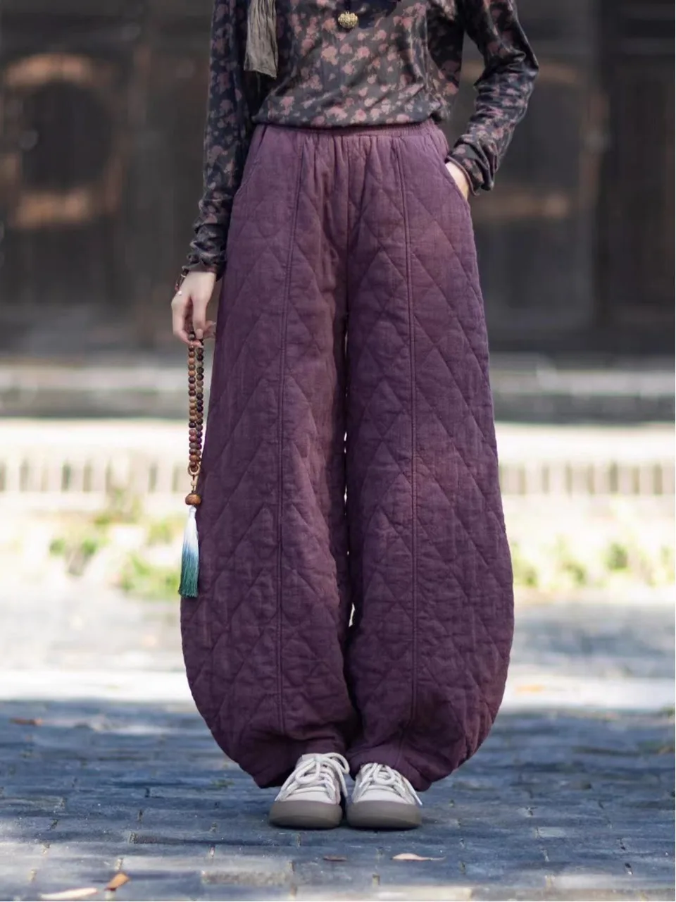 Pantalones Retro de algodón Tai Chi para mujer, pantalones informales holgados y cálidos para meditación, prendas de vestir exteriores, pantalones tipo farol, mezcla de lino y algodón