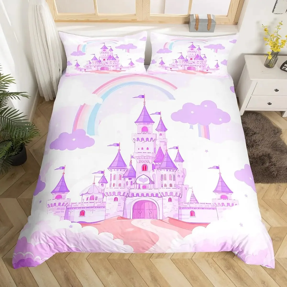 Rainbow Castle Duvet Cover King Queen Boys Girls Cartoon Girly Bedding Set Princess Castle Comforter Cover Bedroom Quilt Cover