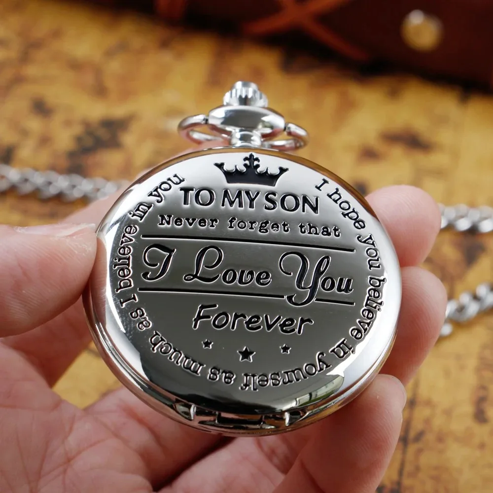 Silver Pocket Watch Engraved Pocket Watch To My Son I Love You Gifts from Mom Dad For Christmas Birthday Quartz Watches Men