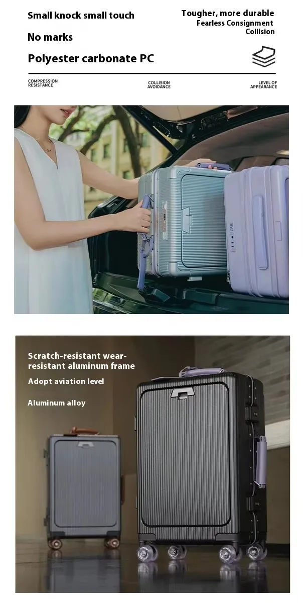 Gepäck mit Vorderöffnung, hochwertiger PC-Koffer mit Aluminiumrahmen, breitem Griff, Handgepäck für Reisen, mit Laptop-USB-Ladeanschluss – Detail 8