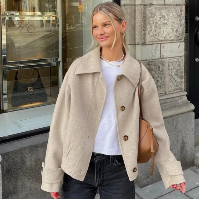 

Осеннее женское шерстяное пальто с длинным рукавом и отложным воротником, утягивающая верхняя одежда, универсальная высококачественная меховая куртка