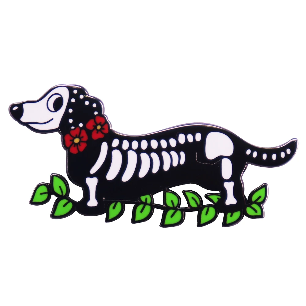 Skeleton Day of the Dead Dachshund Tattoo Art Halloween Enamel Pin