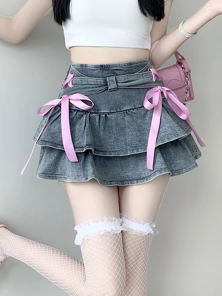 

Fashion Streetwear Y2K Mini Denim Skirts Women Preppy Summer Tutu Girl Kawaii Ruffle Skirts Lace Up Bow Short Jean Pleated Skirt