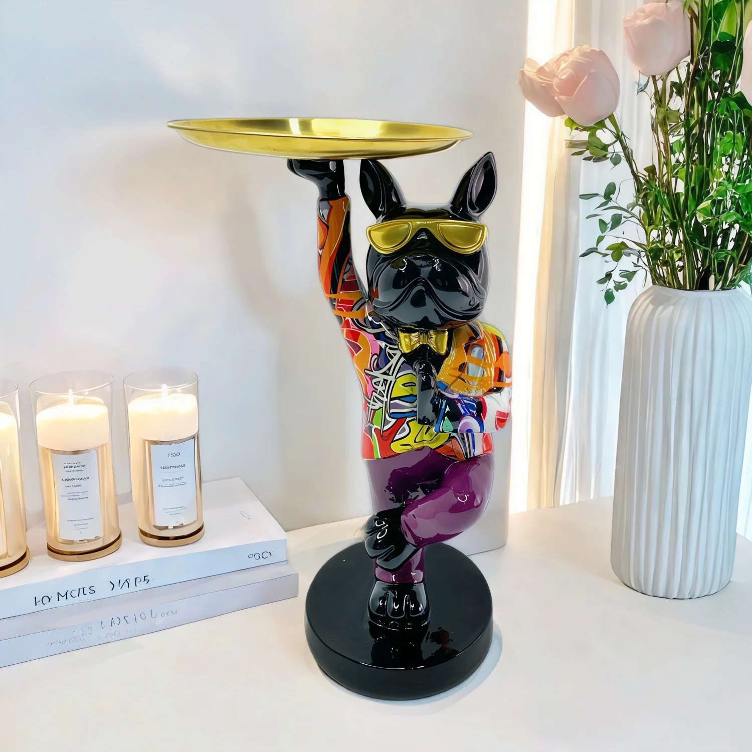 Bandeja de Resina con Figura de Bulldog Francés, Bandeja Organizadora para Entrada, Sala de Estar, Mesa de Centro, Decoración del Hogar