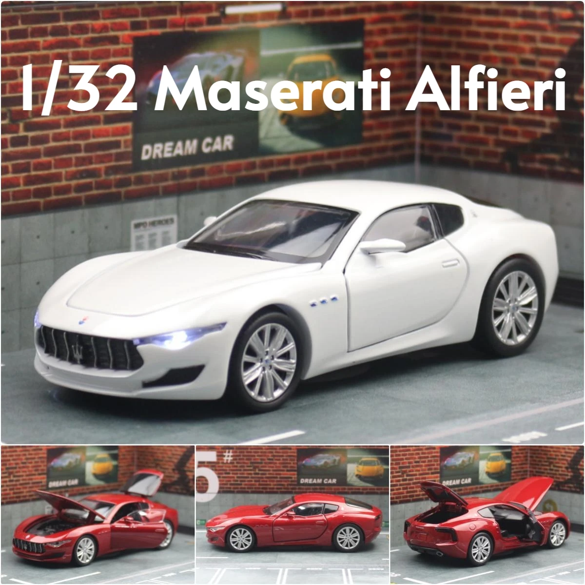 1/32 Maserati Alfieri Toy Car Model JKM Diecast Vehicle Miniature Sound & Light Pull Back Collection Gift For Children Boys Kid